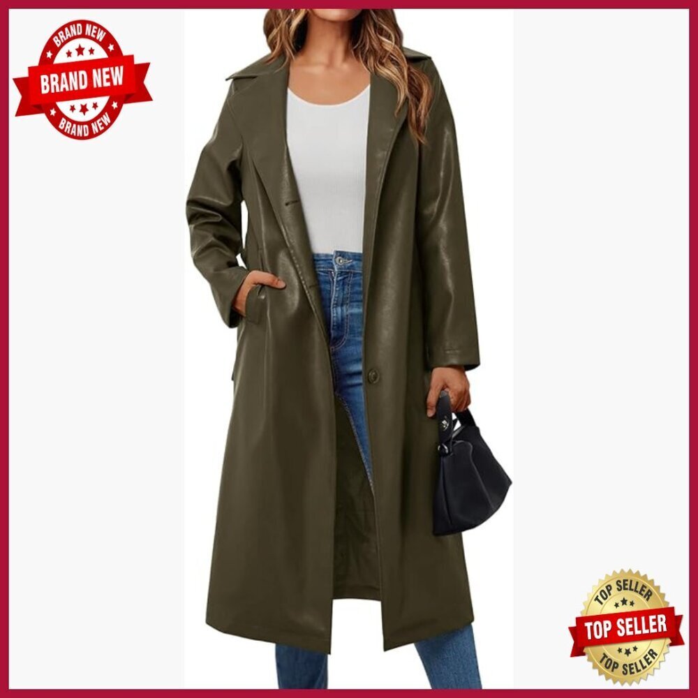 Long Faux Leather Trench Coat with Belt, Open Front, Knee Length